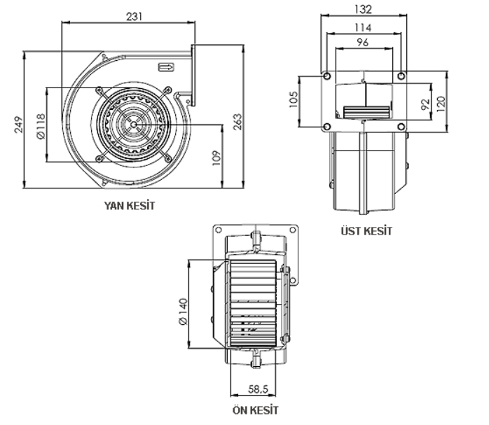 Aircol AKS 140-60 Radyal, Salyangoz ve Kalorifer Kazanı Fanı 400 m³/h 1400 RPM